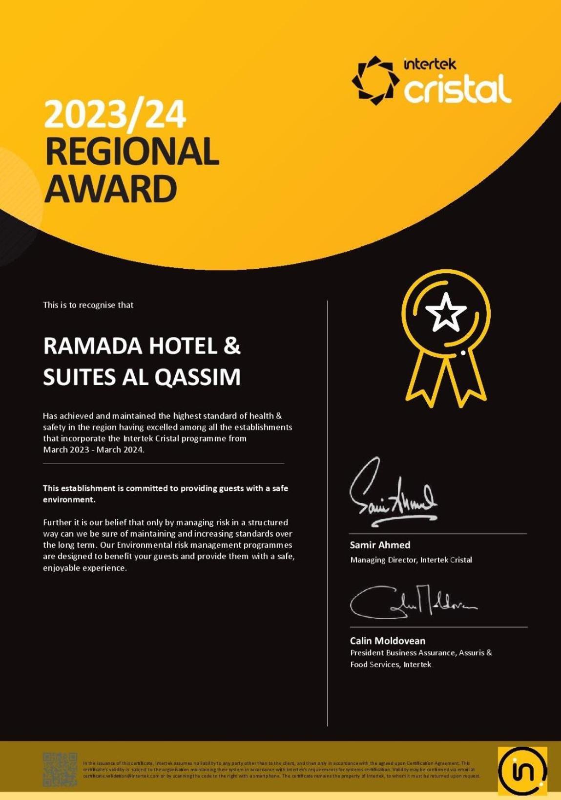 Ramada Hotel & Suites By Wyndham Al Qassim Al Bukayriah Esterno foto A certificate of the 2011-2012 award